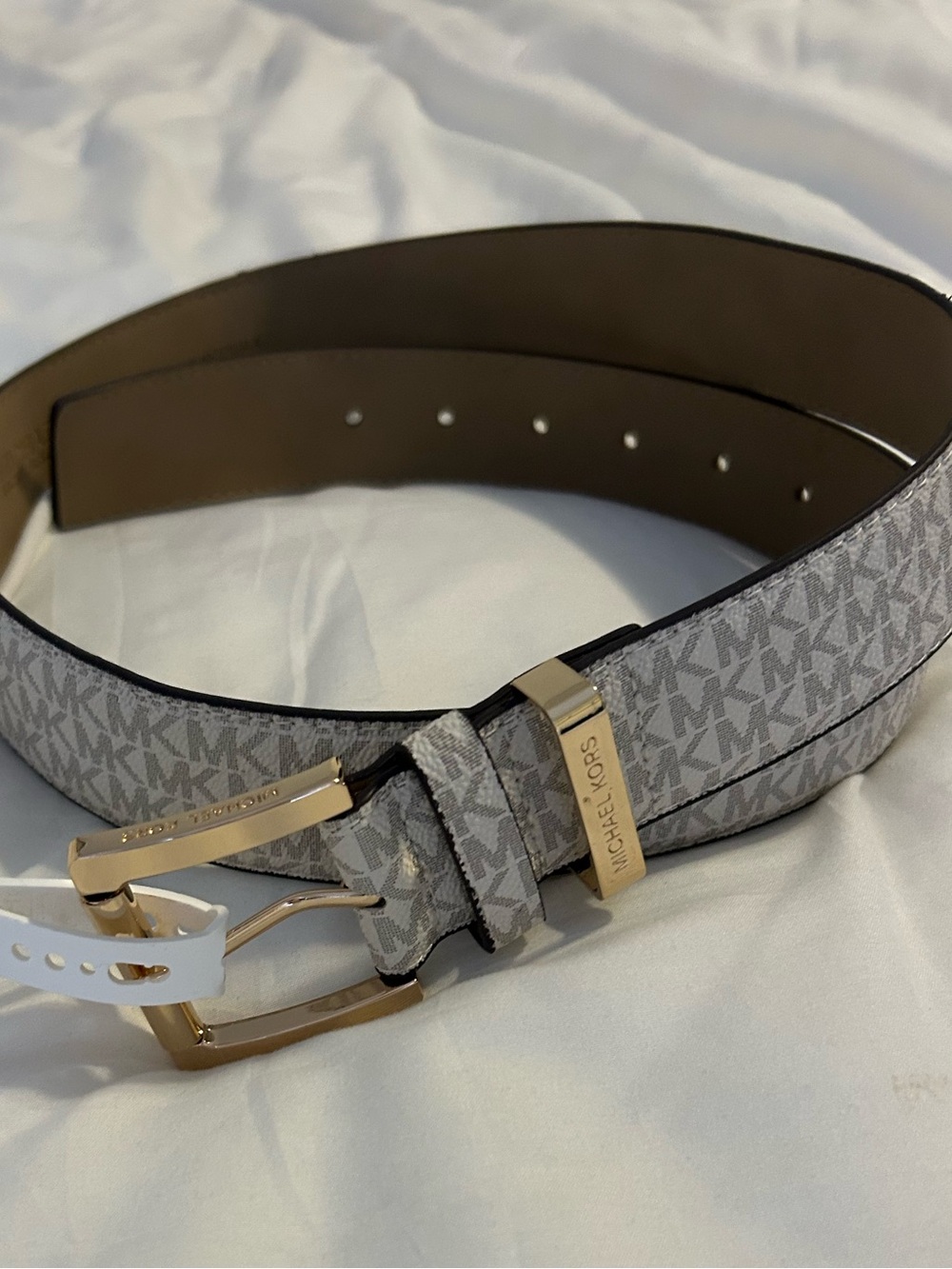 MICHAEL Michael Kors Gray MK Logo Belt with Gold Buckle NWT